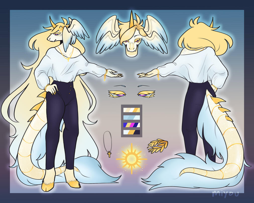 Clothed reference sheet; contains default 2 views, palette, 4 (1 additional) attributes, and additional headshot. No info on sheet given due to it being a custom design commission. Would cost $235.