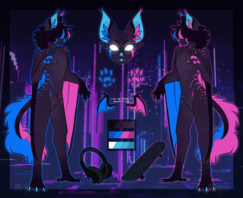 Nude reference sheet; contains default 2 views, palette, 4 (1 additional) attributes, and additional headshot. No info on sheet given due to it being a custom design commission. Came with additional NSFW variant. Would cost $285.